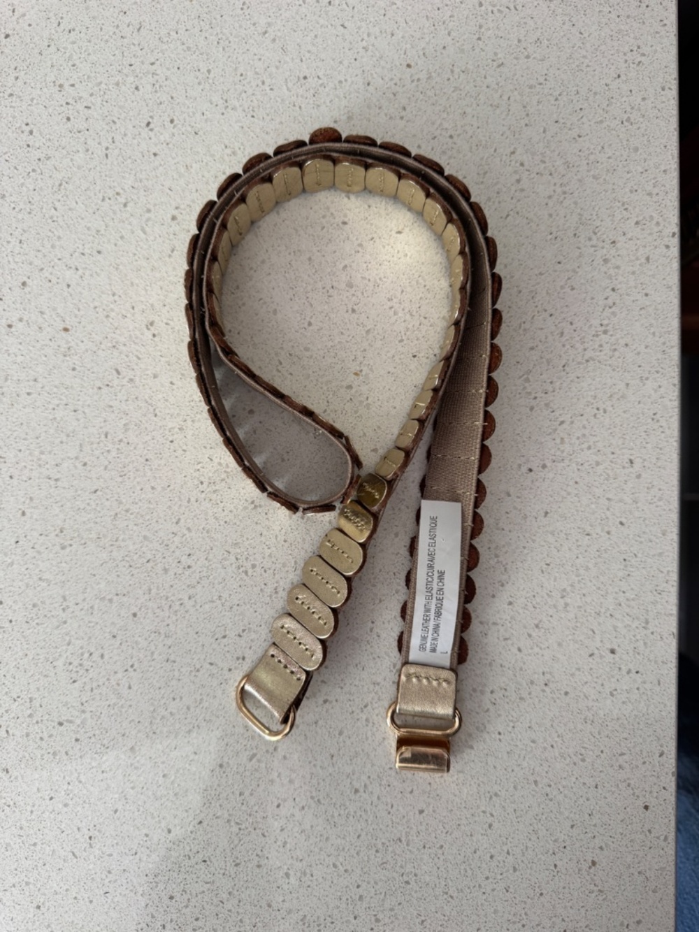 Anthropologie Pearl Gold Stretch Scalloped Leather Belt with Gold Buckle, Size L